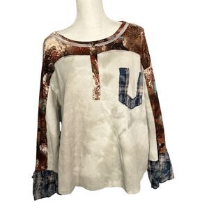 POL Brown and Sage Round Neck Ruffle Sleeve Thermal Stitch Top Women’s Medium